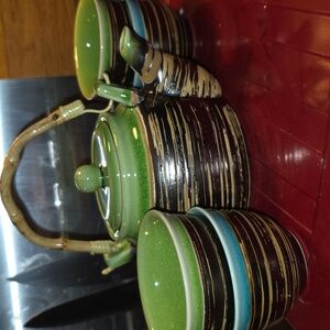 Teacup Artisan Green and Brown Tea Set Cups & Pot